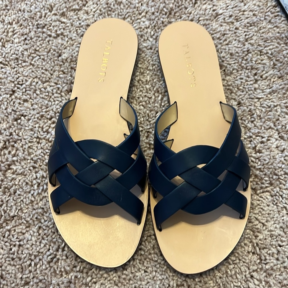 Talbots Navy Blue Woven Leather Slide Sandals